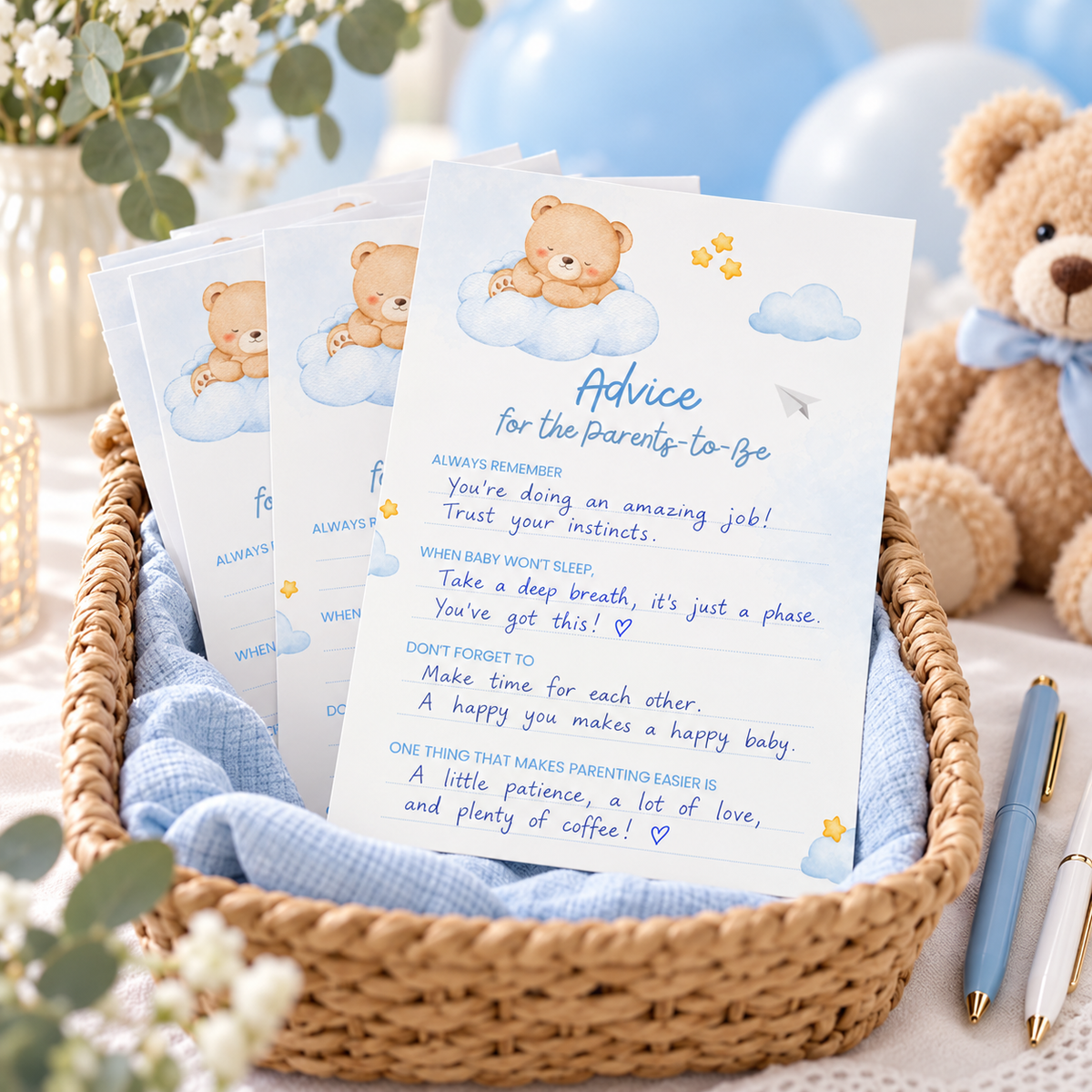 Little Bear advice for baby cards filled in with handwritten advice in a woven basket with pens and a teddy bear