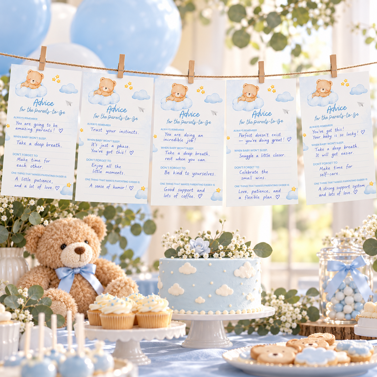 Filled-in Little Bear advice cards hanging on a twine line with mini clothespins over a blue baby shower table