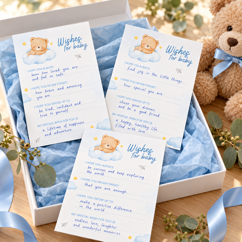 Three Little Bear wishes for baby cards filled in with handwritten wishes in a white keepsake box with blue tissue paper and a teddy bear