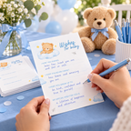 Guest writing a wish on a Little Bear teddy bear wishes card with a blue pen at a blue baby shower table
