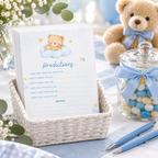 Little Bear baby predictions cards in a basket next to a guessing jar