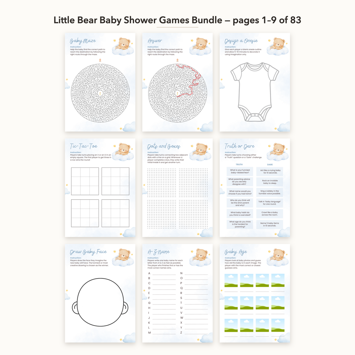 Little Bear Baby Shower Games Bundle – all pages 1–9
