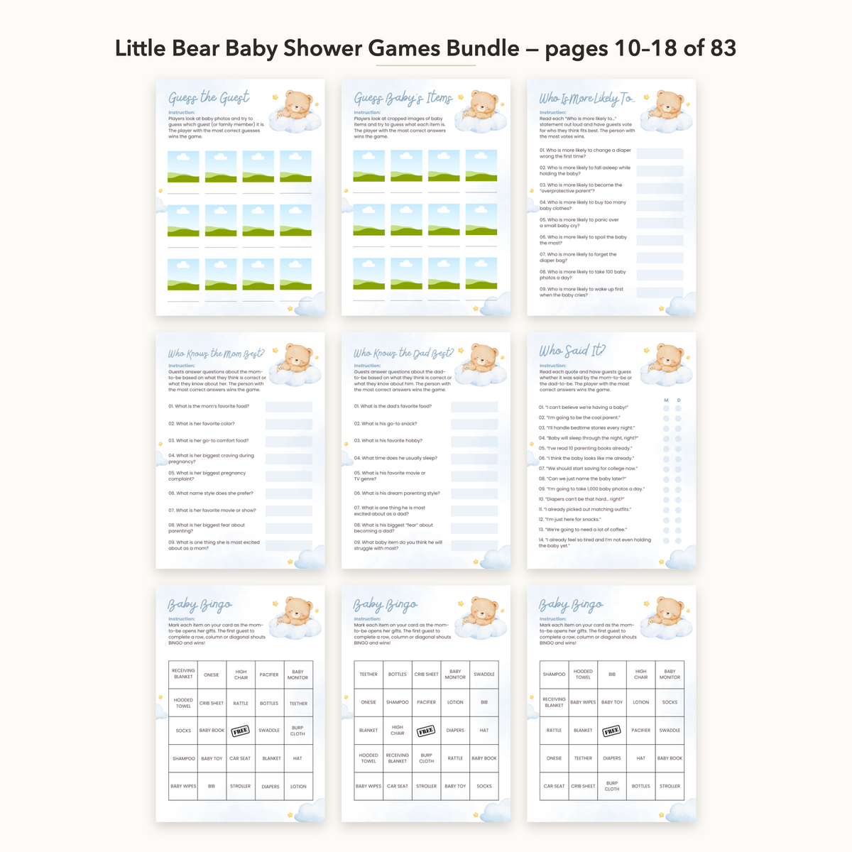 Little Bear Baby Shower Games Bundle – all pages 10–18