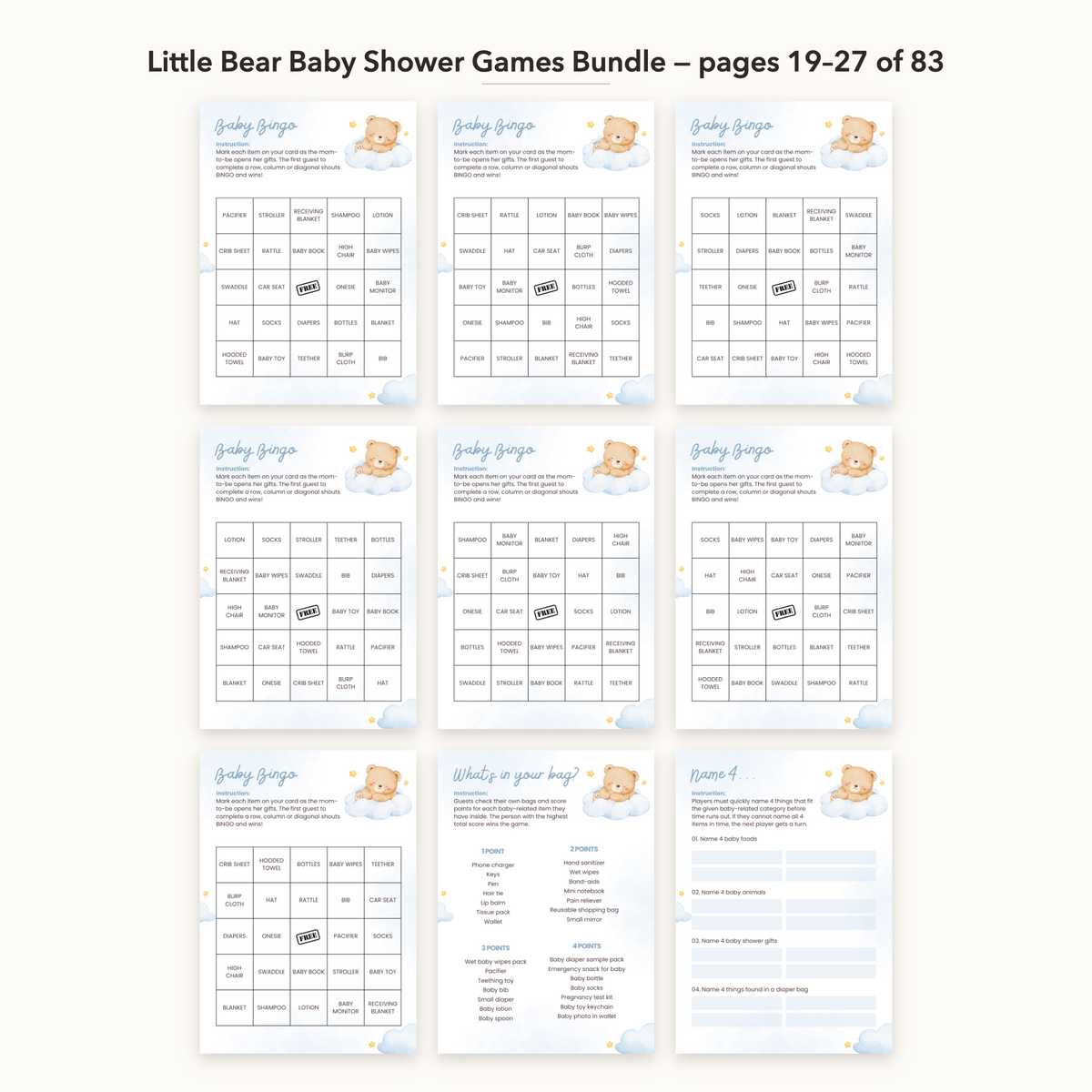 Little Bear Baby Shower Games Bundle – all pages 19–27