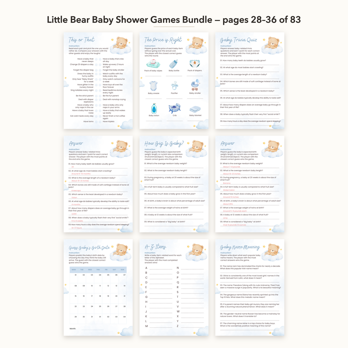 Little Bear Baby Shower Games Bundle – all pages 28–36