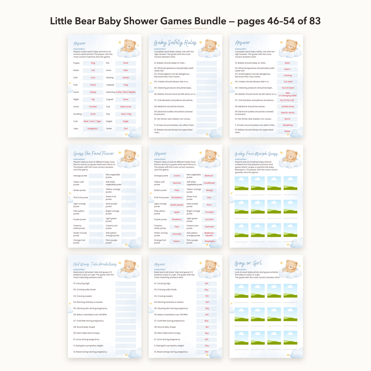 Little Bear Baby Shower Games Bundle – all pages 46–54