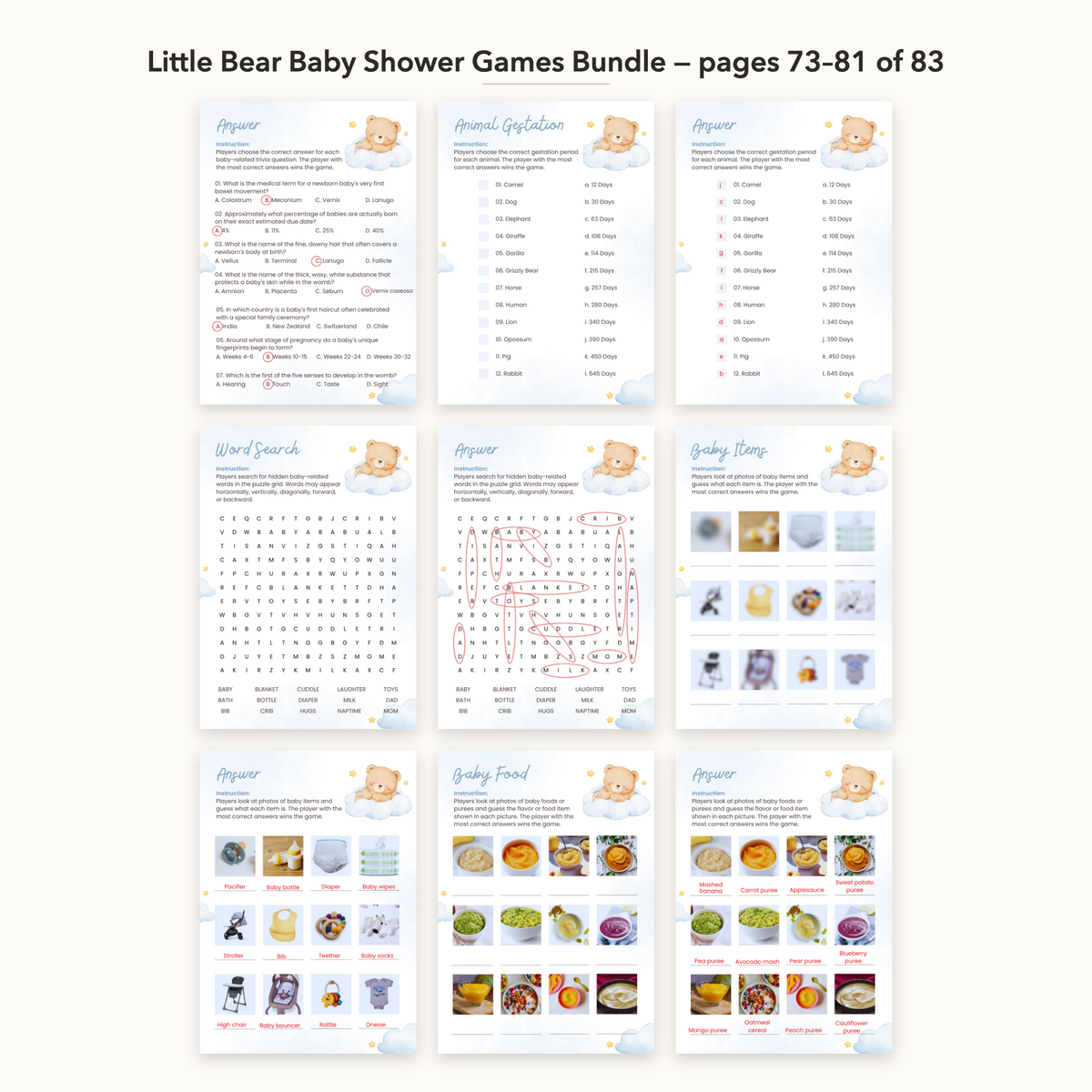 Little Bear Baby Shower Games Bundle – all pages 73–81