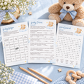Little Bear baby shower games bundle with bingo, trivia and word search cards on a blue table with a teddy bear