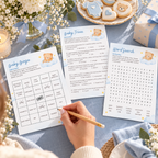 Guest filling in a Little Bear baby bingo card at a baby shower