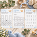 Flat lay of three Little Bear baby shower game cards on linen with eucalyptus