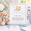 Little Bear baby shower Baby Bingo game sign in a white frame on a blue game table with a teddy bear