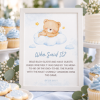 Little Bear Who Said It? game sign on a baby shower dessert table with eucalyptus