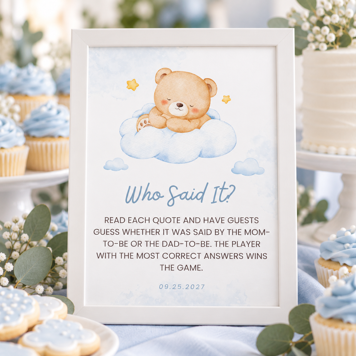 Little Bear Who Said It? game sign on a baby shower dessert table with eucalyptus