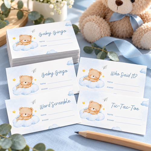 Little Bear baby shower game tickets stacked with a pencil on a blue shower table with a teddy bear