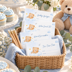 Little Bear baby shower game tickets in a woven basket on a dessert table