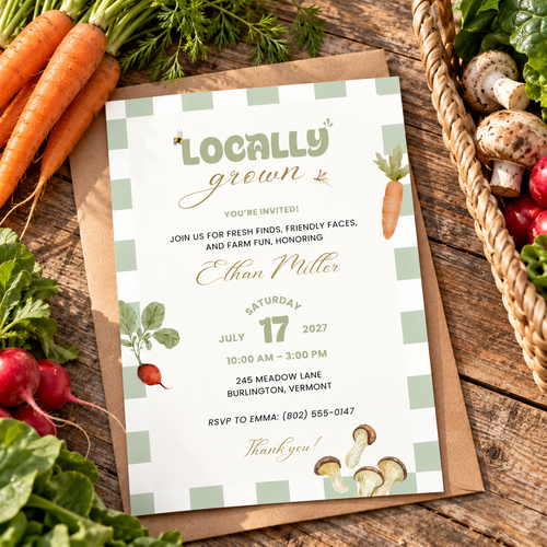 Locally Grown farmers market baby shower invitation on a rustic wooden table with a basket of fresh produce and kraft envelope