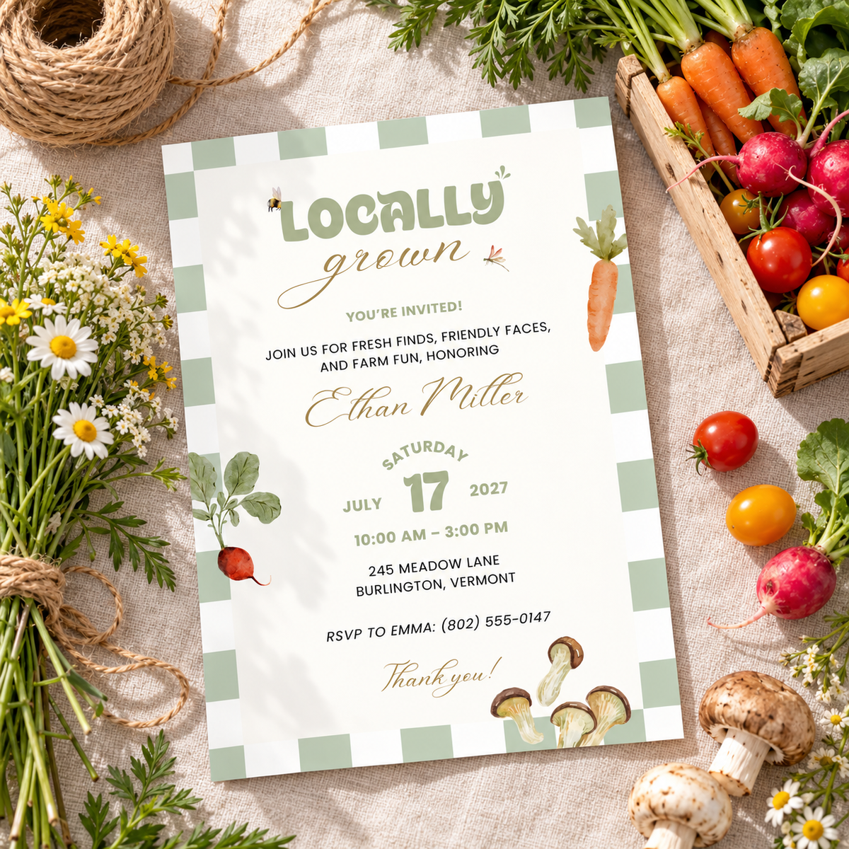 Flat lay of the Locally Grown baby shower invitation with twine, wildflowers and a mini crate of vegetables