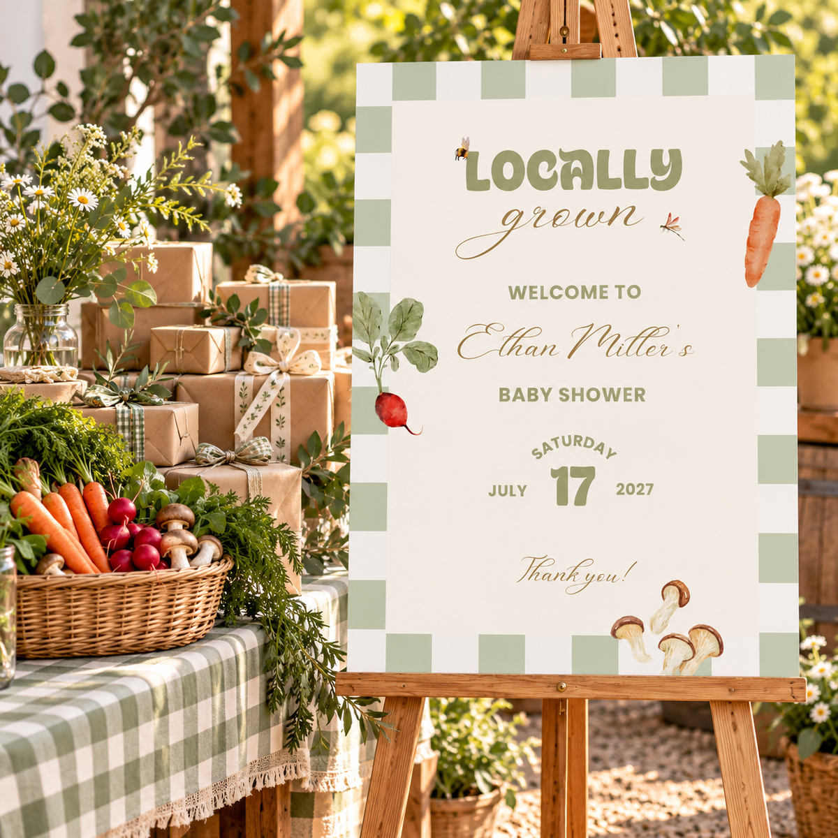 Locally Grown welcome sign beside a gift table with a basket of fresh vegetables