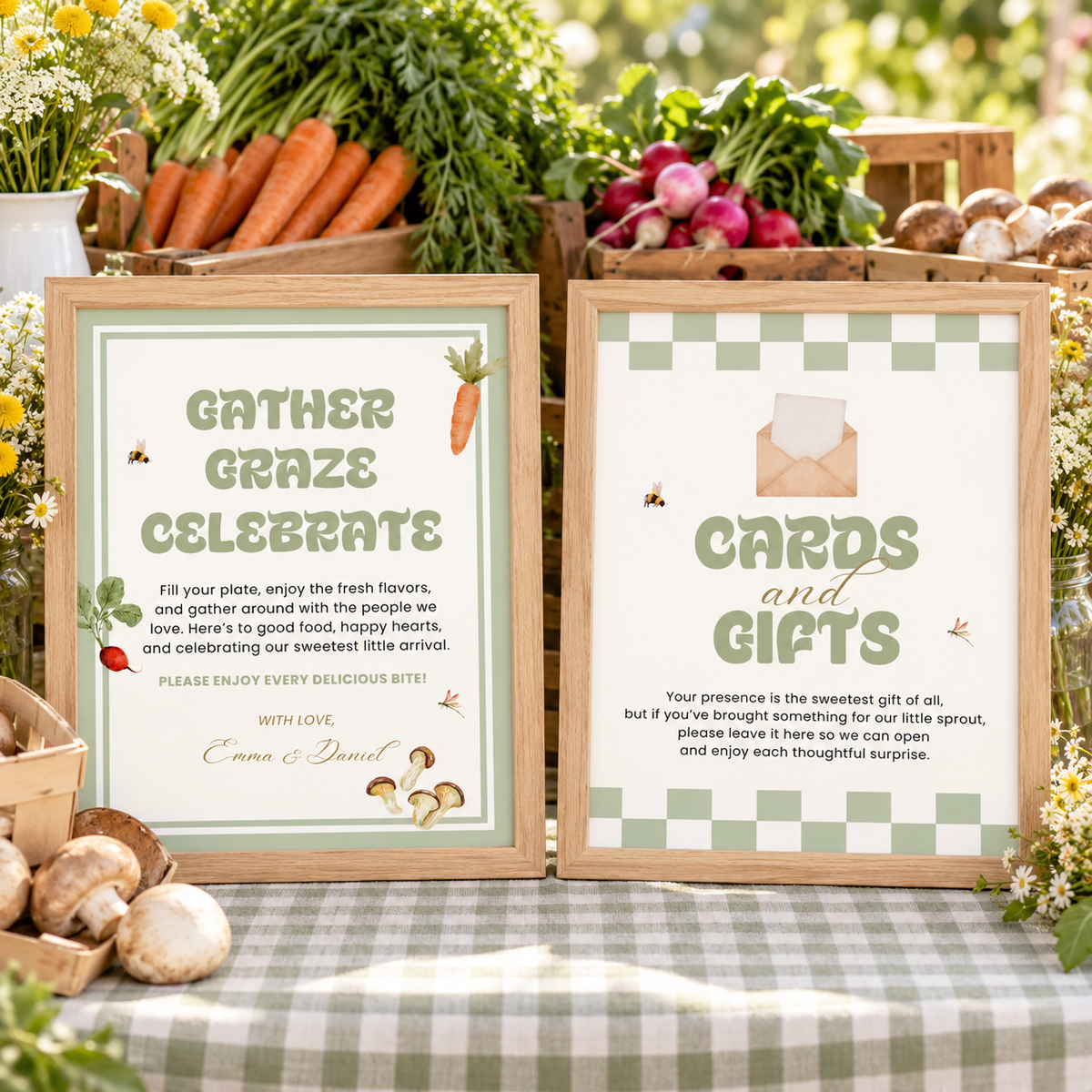 Locally Grown baby shower party signs in wooden frames on a farmers market buffet with produce crates