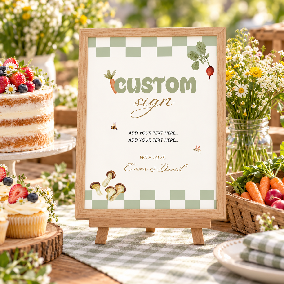 Locally Grown custom baby shower sign on a small easel on a farmhouse dessert table