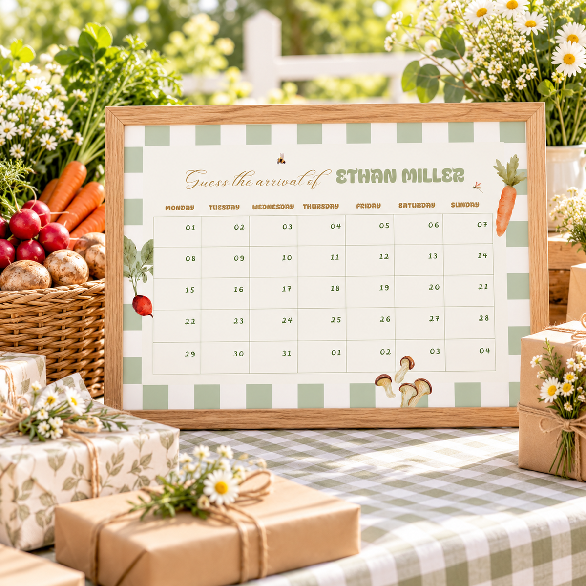 Framed Locally Grown due date calendar on a baby shower gift table with a vegetable basket
