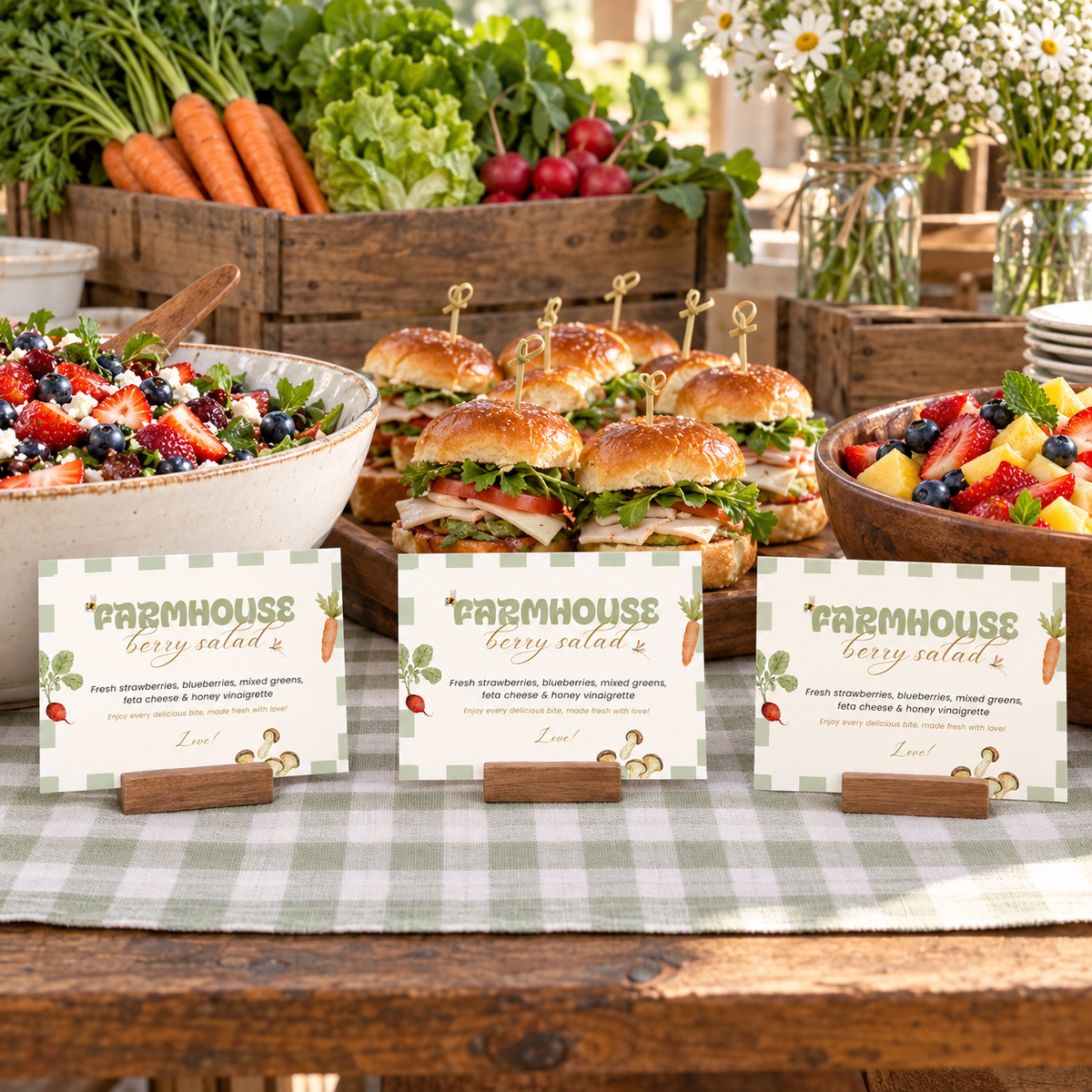 Locally Grown baby shower food labels on wooden stands in front of dishes on a farmers market buffet with produce crates