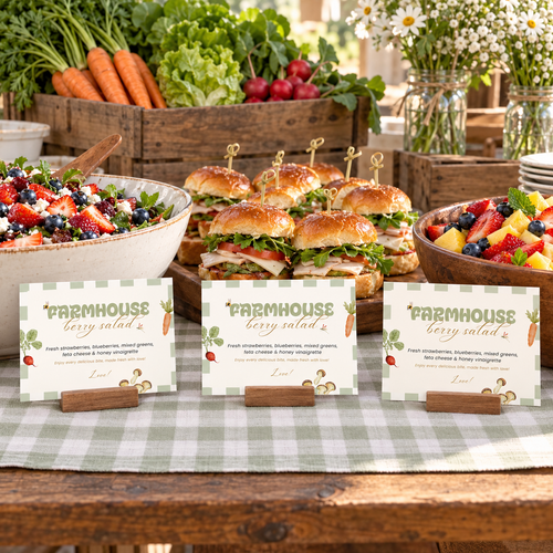 Locally Grown baby shower food labels on wooden stands in front of dishes on a farmers market buffet with produce crates