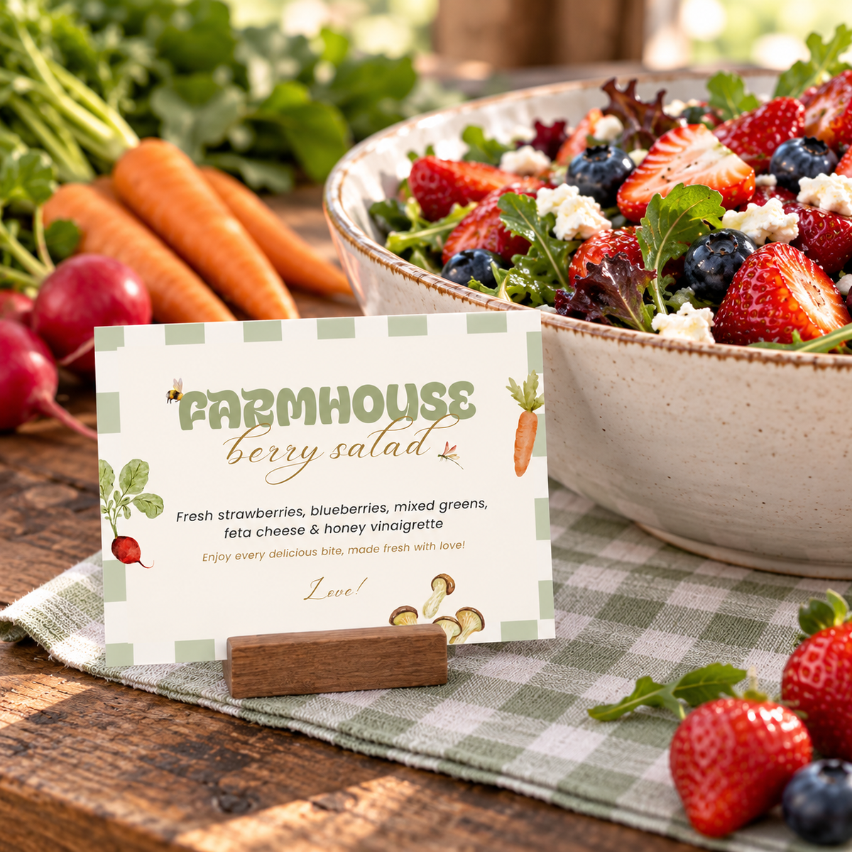 Close-up of a Locally Grown food label next to a bowl of fresh berry salad