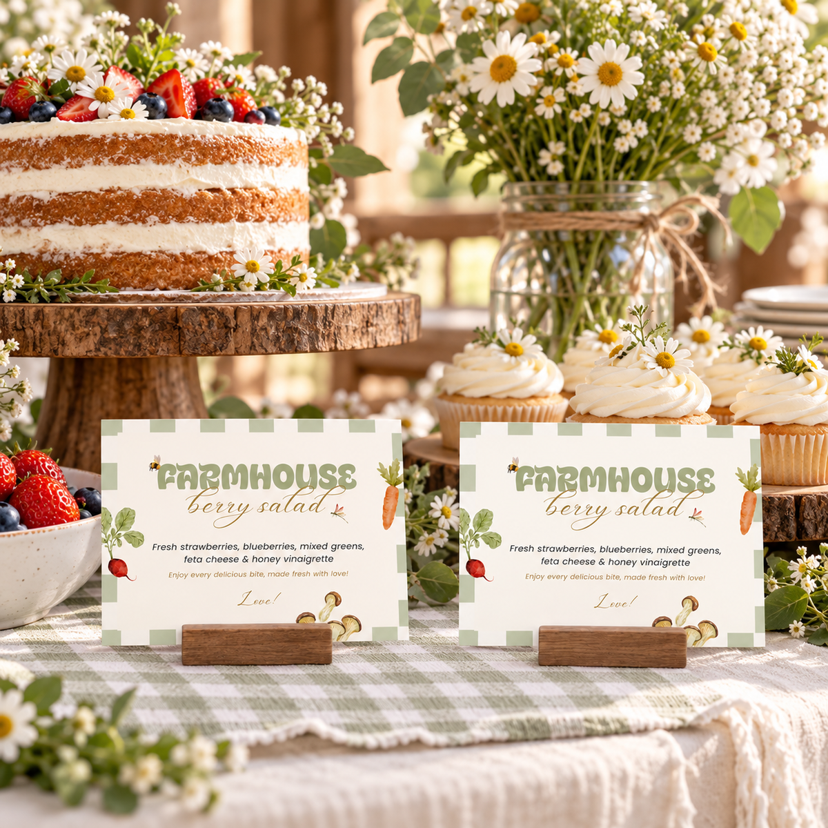 Locally Grown food labels on a farmhouse baby shower dessert table with wildflowers