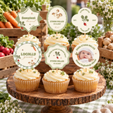 Locally Grown cupcake toppers on cupcakes on a wooden cake stand at a farmers market baby shower
