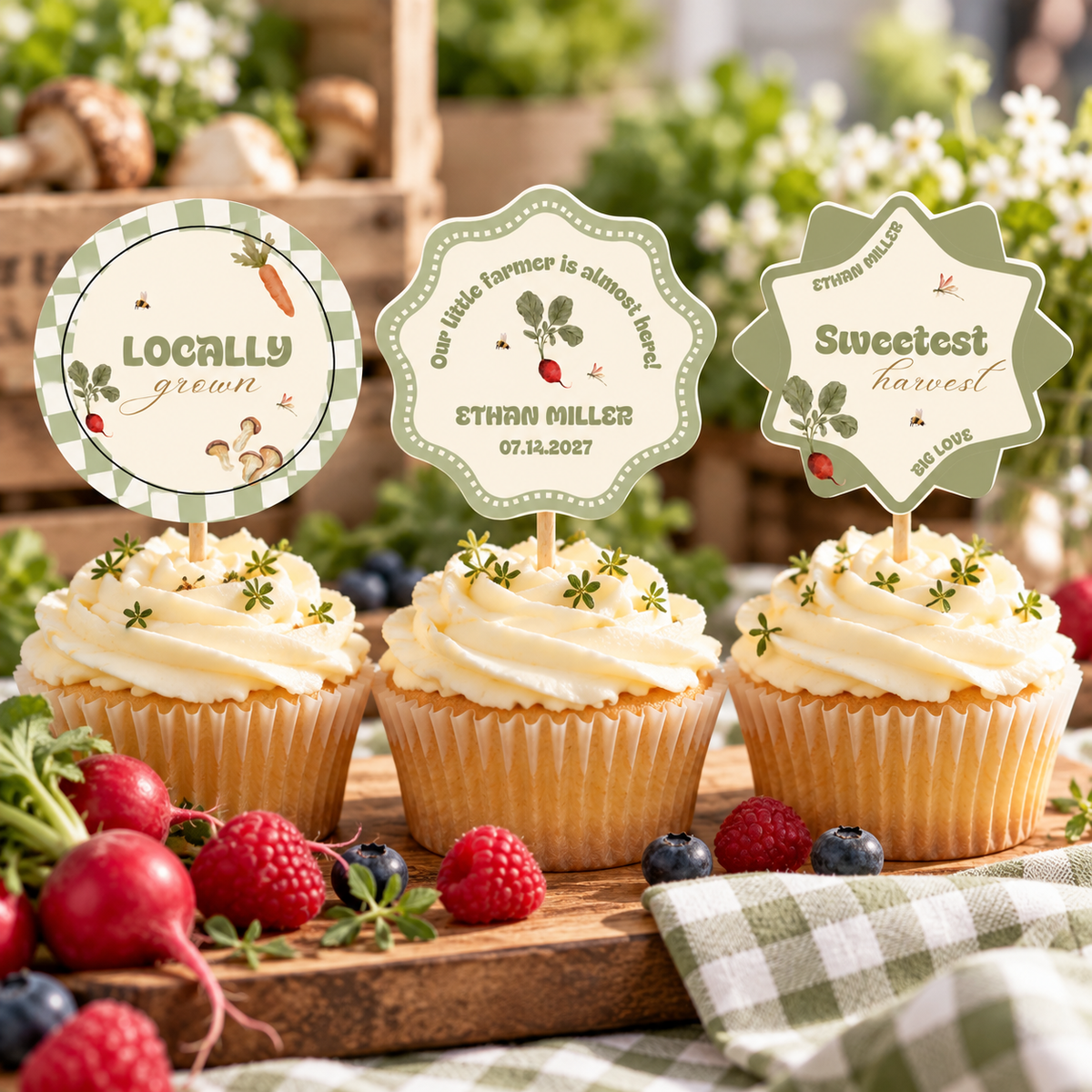 Close-up of three Locally Grown cupcake toppers on cupcakes with berries and radishes