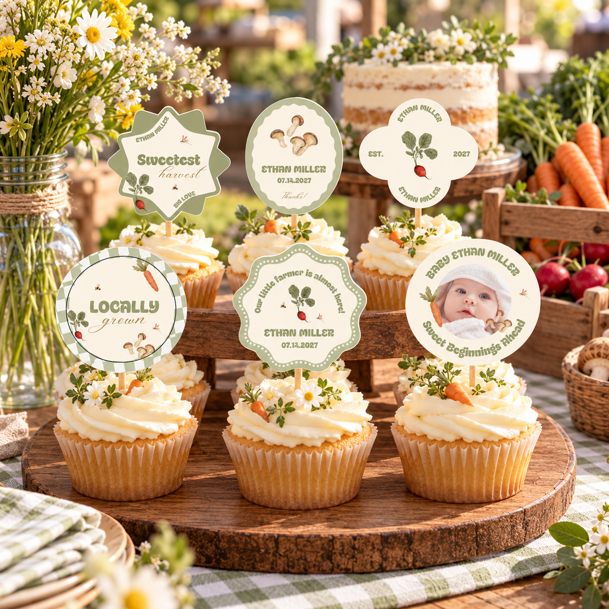 Locally Grown cupcakes on a rustic dessert table with wildflowers