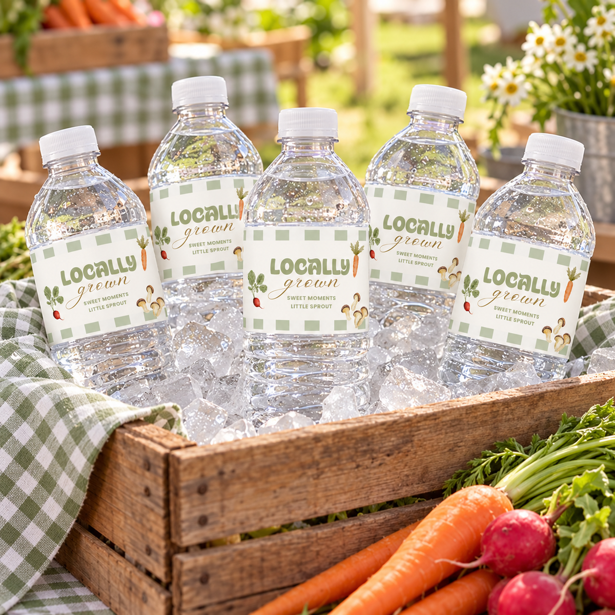 Locally Grown water bottle labels on bottles in a wooden produce crate with ice at a farmers market baby shower