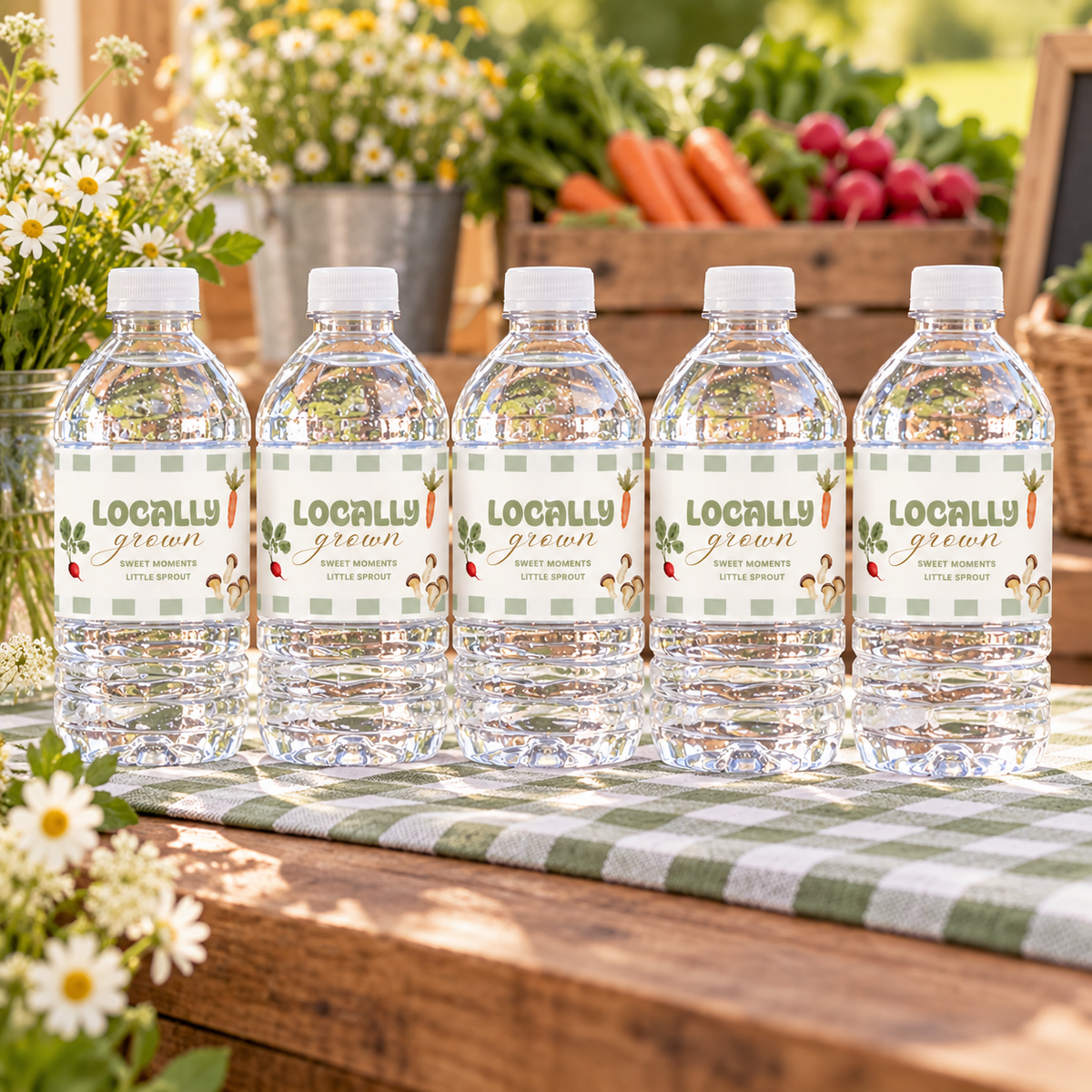Row of water bottles with Locally Grown sage gingham labels on a rustic drinks table