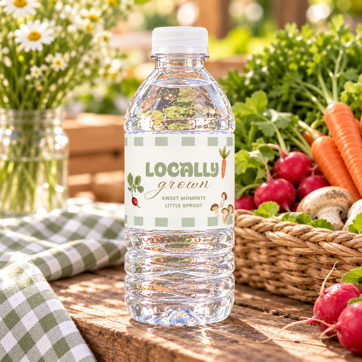 Close-up of a Locally Grown water bottle label next to a basket of fresh vegetables