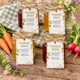Locally Grown farmers market baby shower favor tags tied with twine to jam and honey jars on a rustic table
