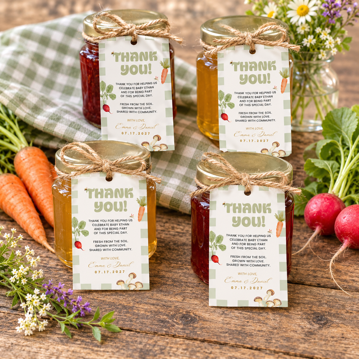 Locally Grown farmers market baby shower favor tags tied with twine to jam and honey jars on a rustic table