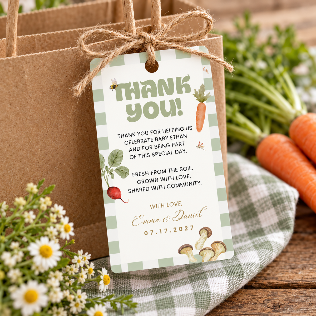 Close-up of a Locally Grown thank you favor tag on a kraft gift bag