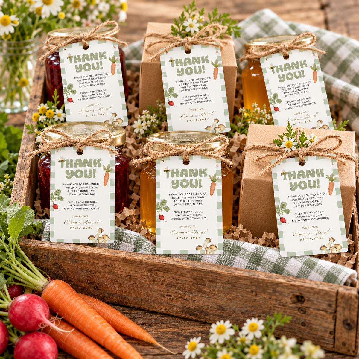 Wooden produce crate with baby shower favors and Locally Grown thank you tags