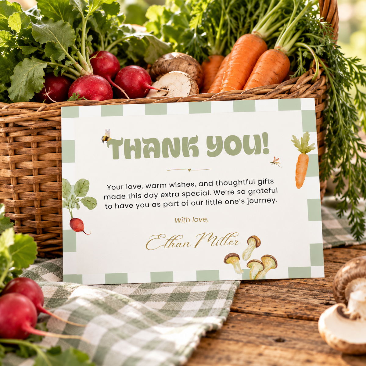 Locally Grown thank you card propped against a basket of fresh vegetables