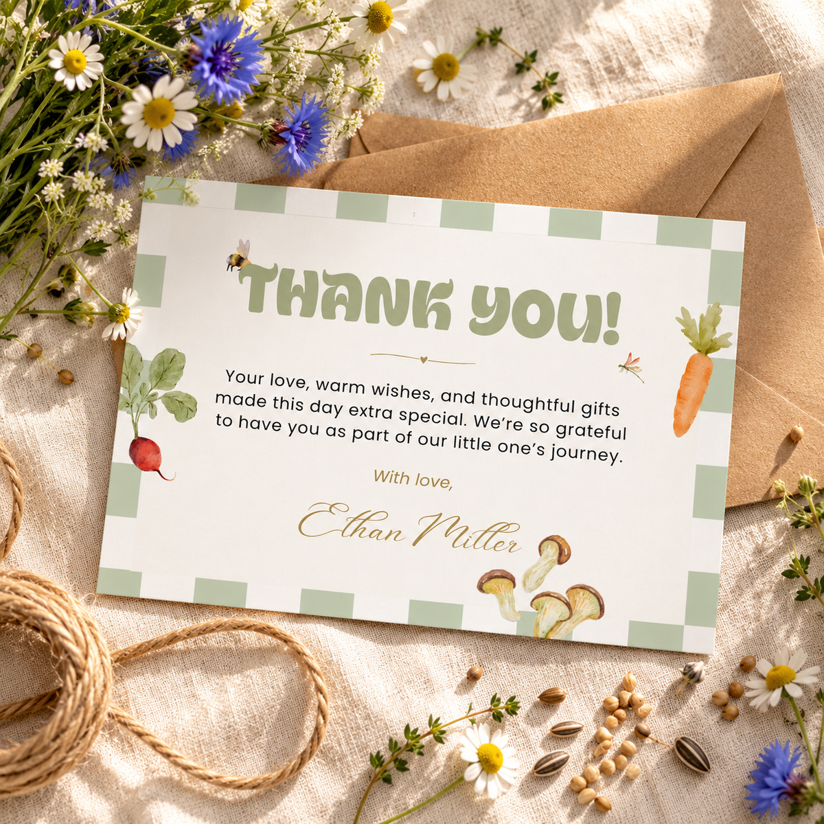 Flat lay of the Locally Grown thank you card with jute twine and wildflowers