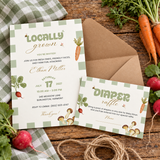 Locally Grown diaper raffle card tucked in front of the matching baby shower invitation with a kraft envelope
