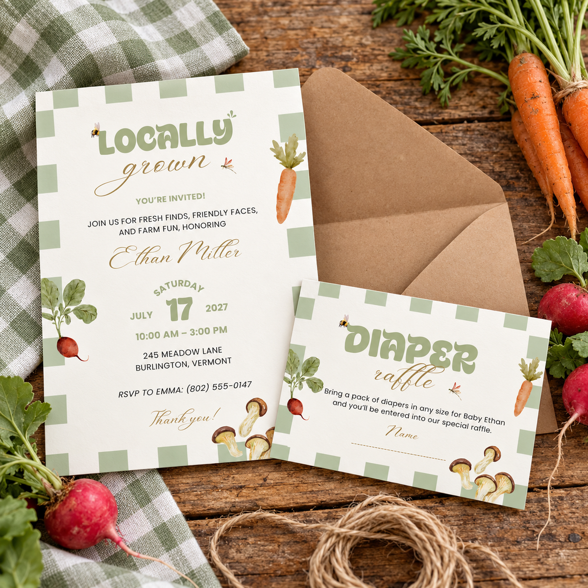 Locally Grown diaper raffle card tucked in front of the matching baby shower invitation with a kraft envelope