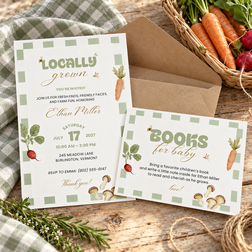 Locally Grown books for baby card with the matching baby shower invitation and kraft envelope
