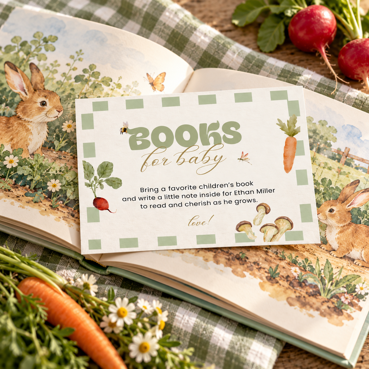 Close-up of the books for baby card tucked into an open picture book
