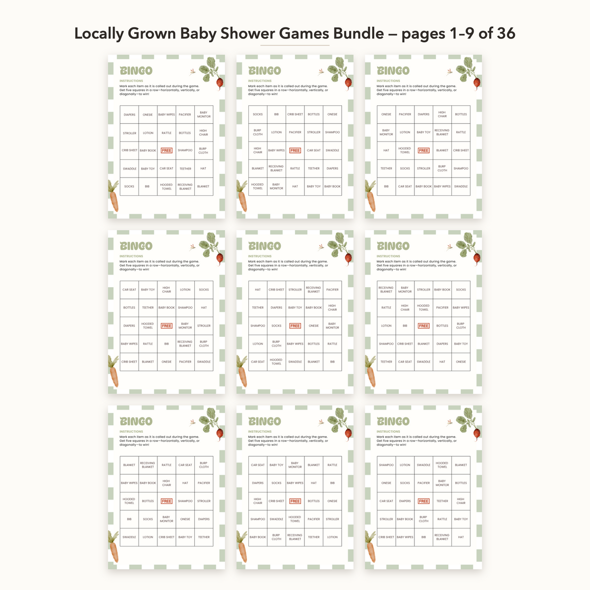 Locally Grown Baby Shower Games Bundle – all pages 1–9