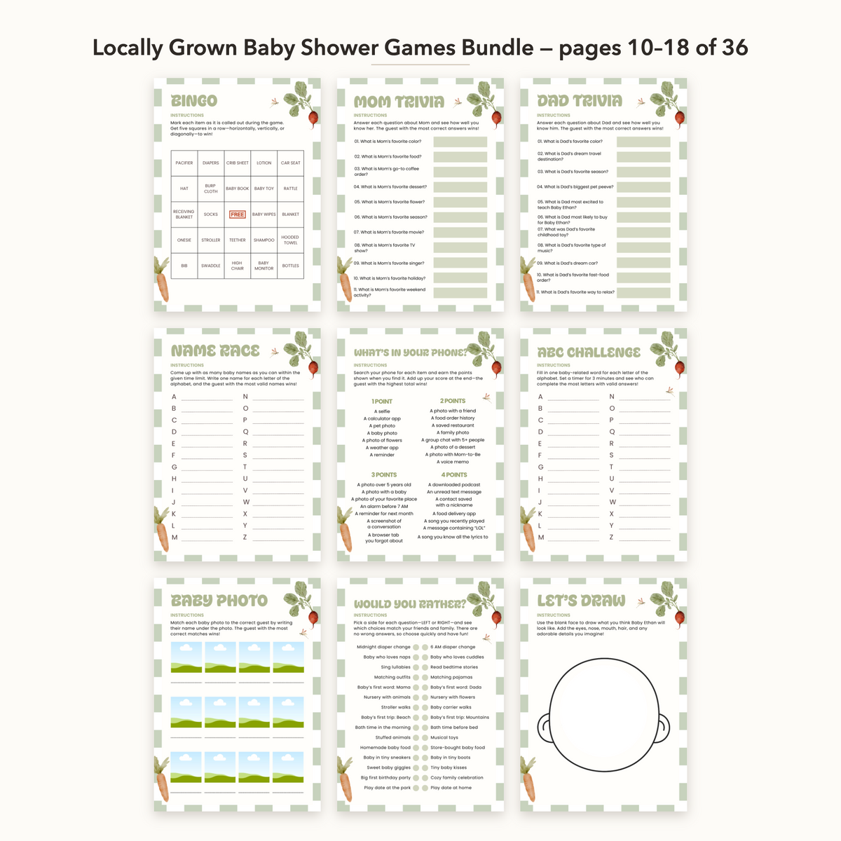 Locally Grown Baby Shower Games Bundle – all pages 10–18