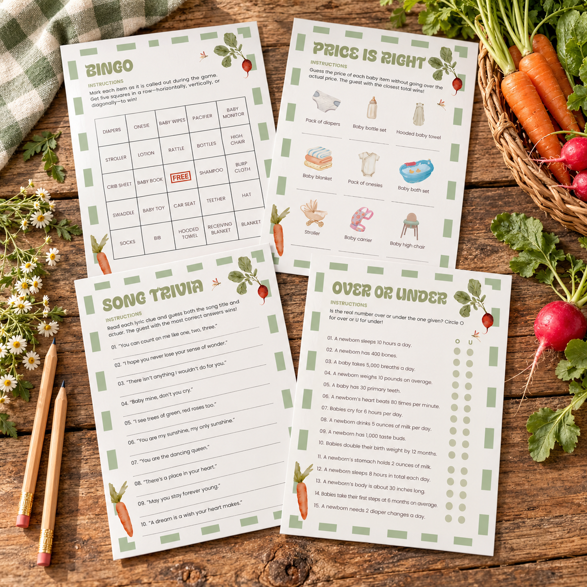 Locally Grown baby shower games bundle cards fanned on a rustic wooden table with pencils and a basket of vegetables