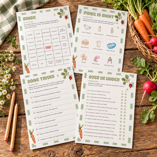 Locally Grown baby shower games bundle cards fanned on a rustic wooden table with pencils and a basket of vegetables