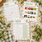 Locally Grown bingo, baby food and celebrity baby name game cards on linen with wildflowers